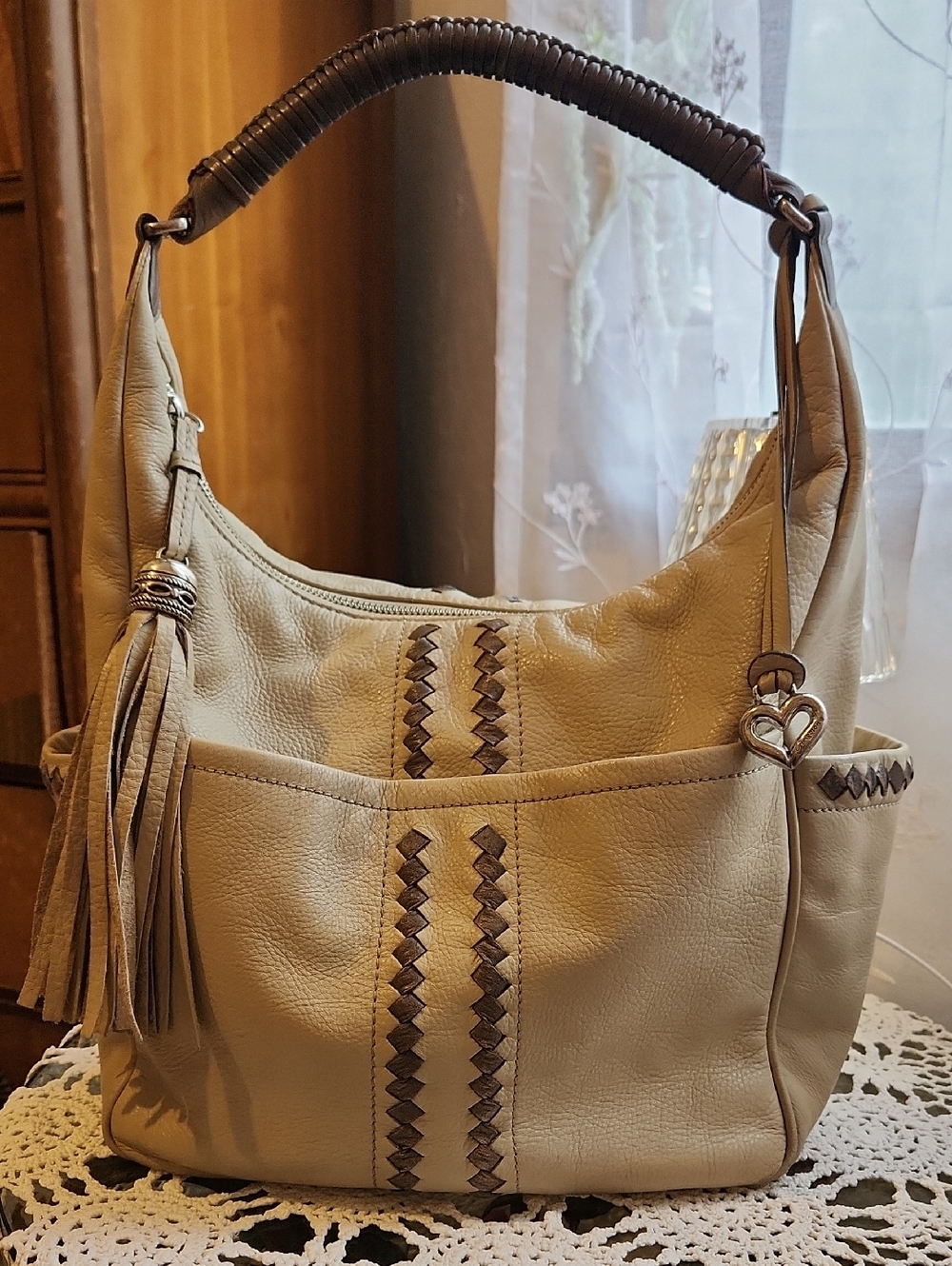 Brighton Large Leather Two-tone Taupe Shoulder Hobo with Braided Trim and Tassel